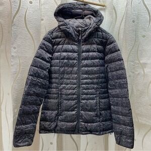 Paradox Puffer Jacket Hooded Quilted Charcoal Purple Plaid Print Womens M